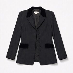Elegant Women's Blazer — Black wool with black velvet trim and cotton lining.